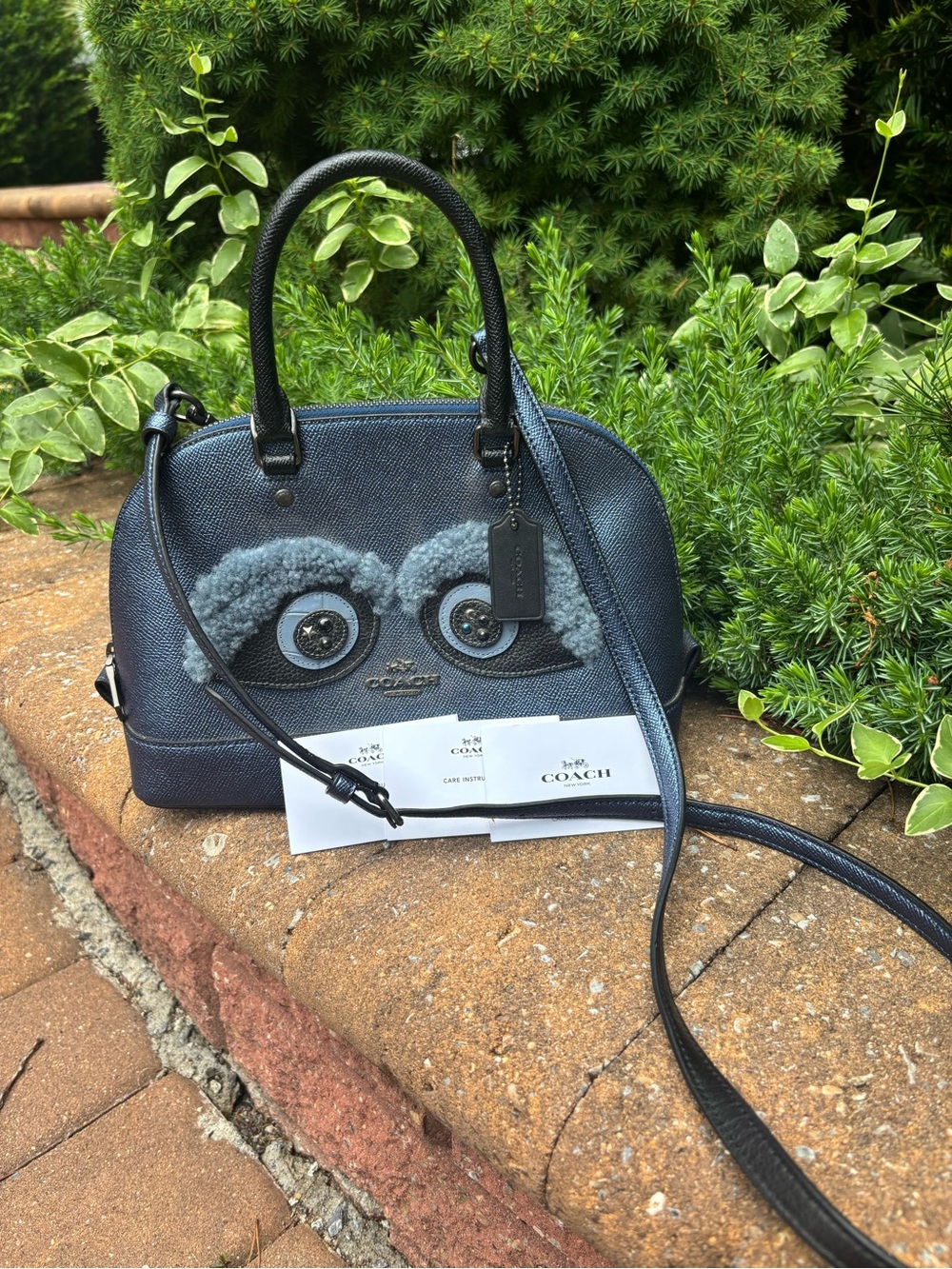 COACH Sierra Bear Satchel Crossbody Bag Blue Crossgrain Leather F22779